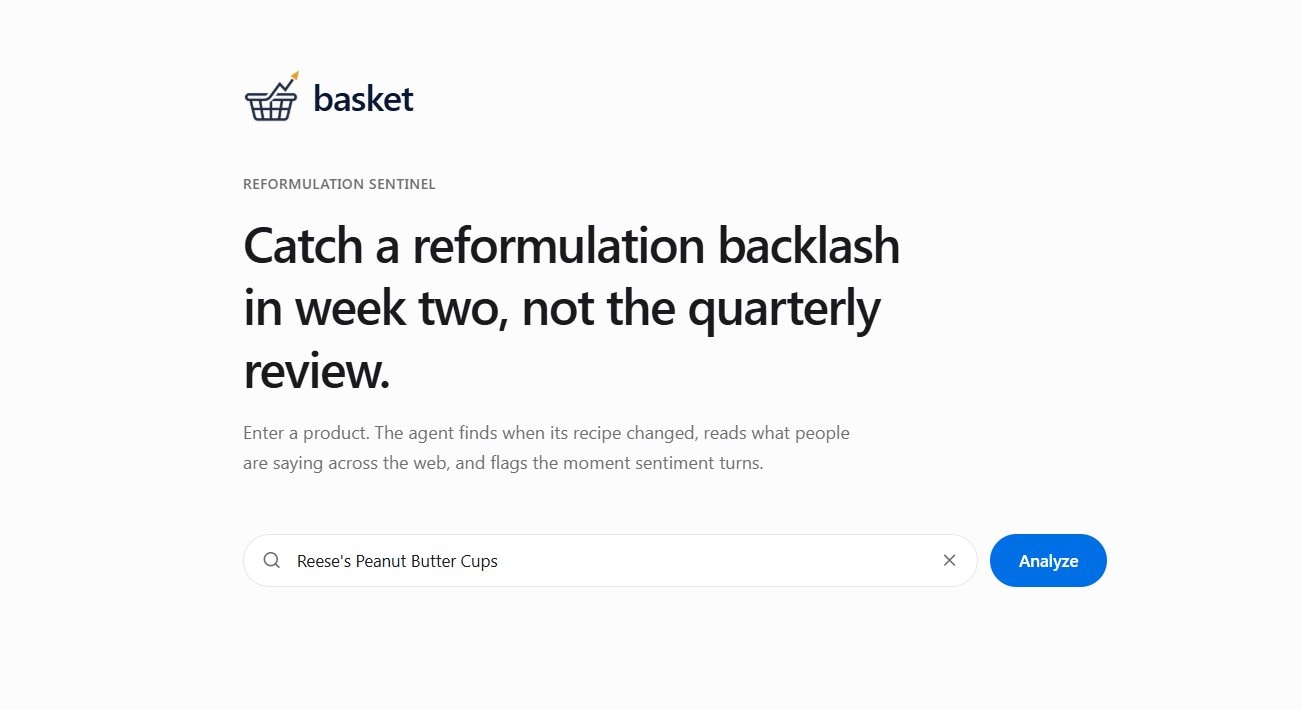 Basket home page with the line Catch a reformulation backlash in week two, not the quarterly review, above a product search box