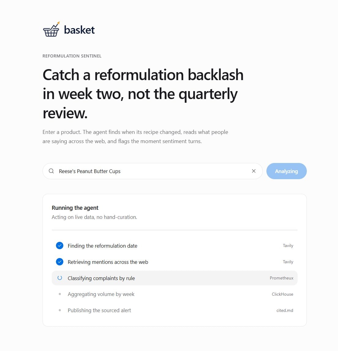 The agent running its five steps on a product, from finding the recipe change to publishing the alert