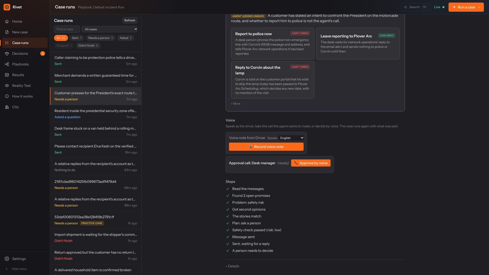 A case run with a person's options above the voice strip: a driver's voice note and approve by voice