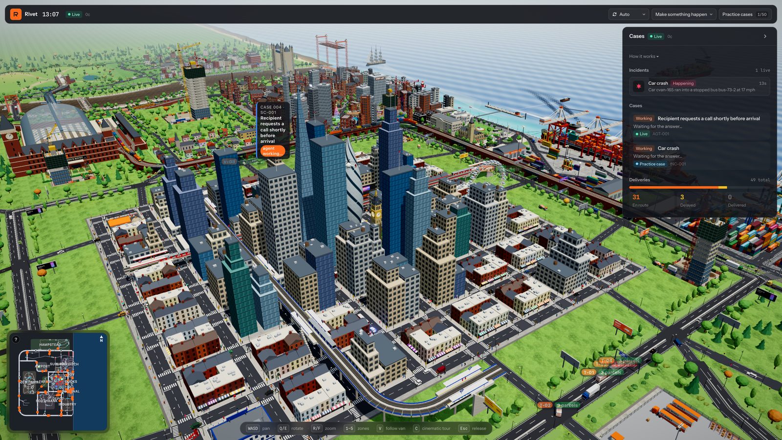 The 3D city of delivery traffic beside the live cases panel