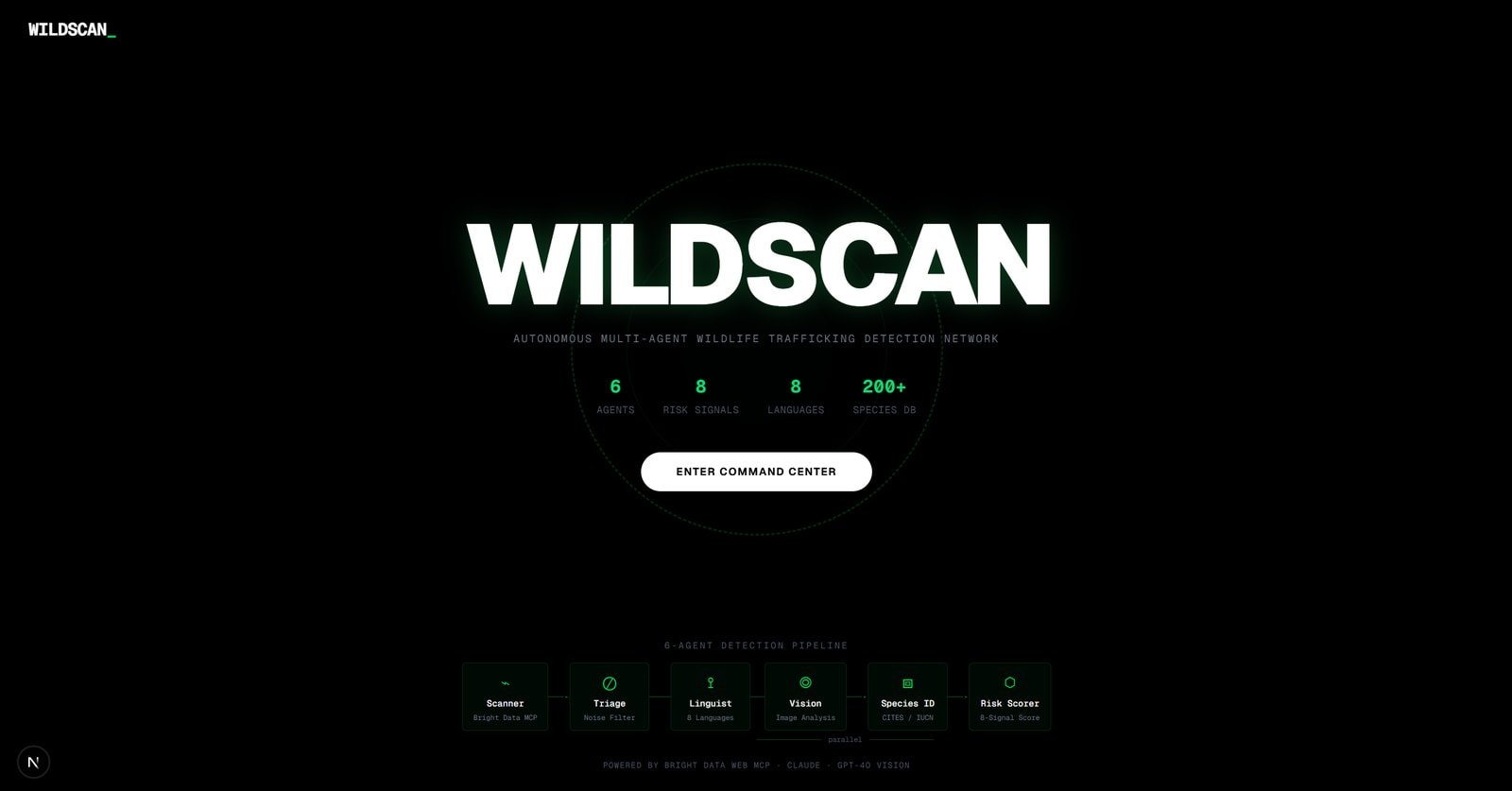 WILDSCAN landing page for its multi-agent wildlife trafficking detection network